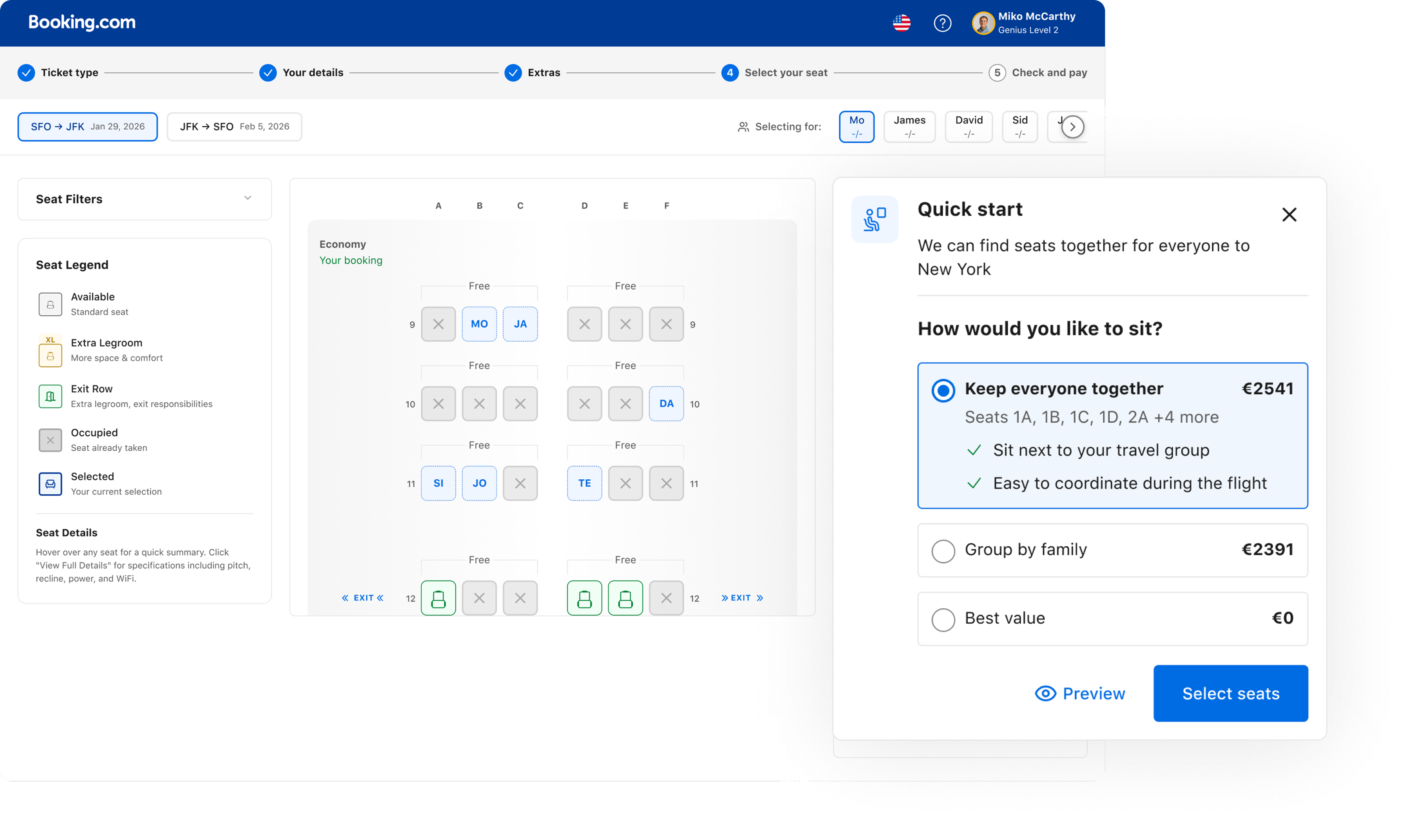 Couple/Group cohort Quick Start: Booking.com seat map on the left showing six passengers already placed across rows 9–12 (MO, JA, SI, JO, TE, DA), and a docked Quick Start modal on the right titled 'We can find seats together for everyone to New York'. The intent question 'How would you like to sit?' is followed by three options — the selected 'Keep everyone together' (€2541, Seats 1A, 1B, 1C, 1D, 2A +4 more) with two justifications 'Sit next to your travel group' and 'Easy to coordinate during the flight'; 'Group by family' (€2391); and 'Best value' (€0). Preview link and Select seats CTA in the footer.