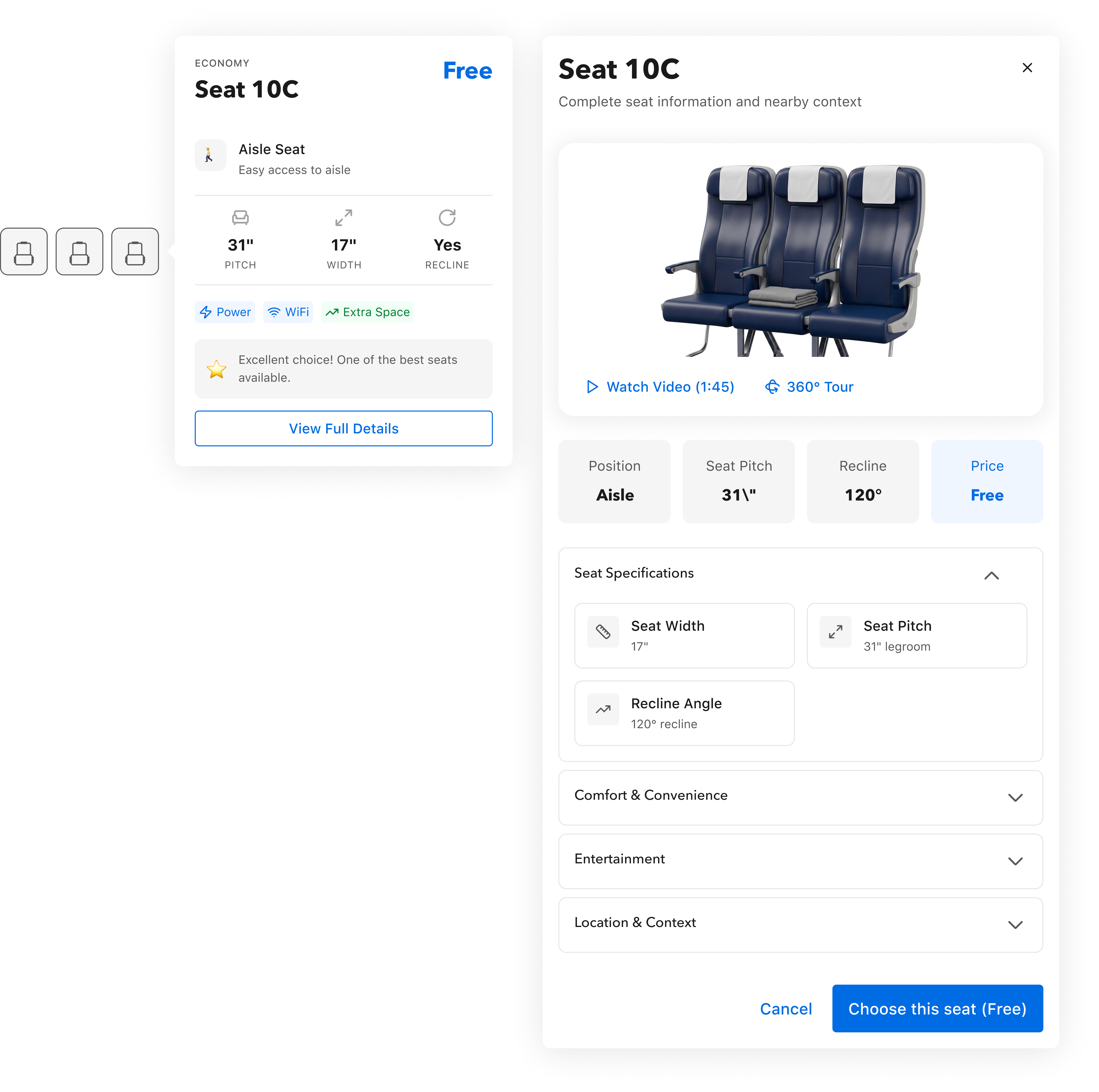 Two seat detail states side by side: a floating Seat 10C hover tooltip on the left (Aisle Seat, 31 inch pitch, 17 inch width, recline yes, Power, WiFi, Extra Space chips, with a 'View Full Details' CTA), and the expanded Seat 10C full-detail modal on the right (large product photo of three blue economy seats, Watch Video and 360° Tour links, Position / Seat Pitch / Recline / Price summary cards, Seat Specifications panel with Width, Pitch, Recline Angle, and collapsed Comfort & Convenience, Entertainment, and Location & Context sections, Cancel and Choose this seat CTAs).