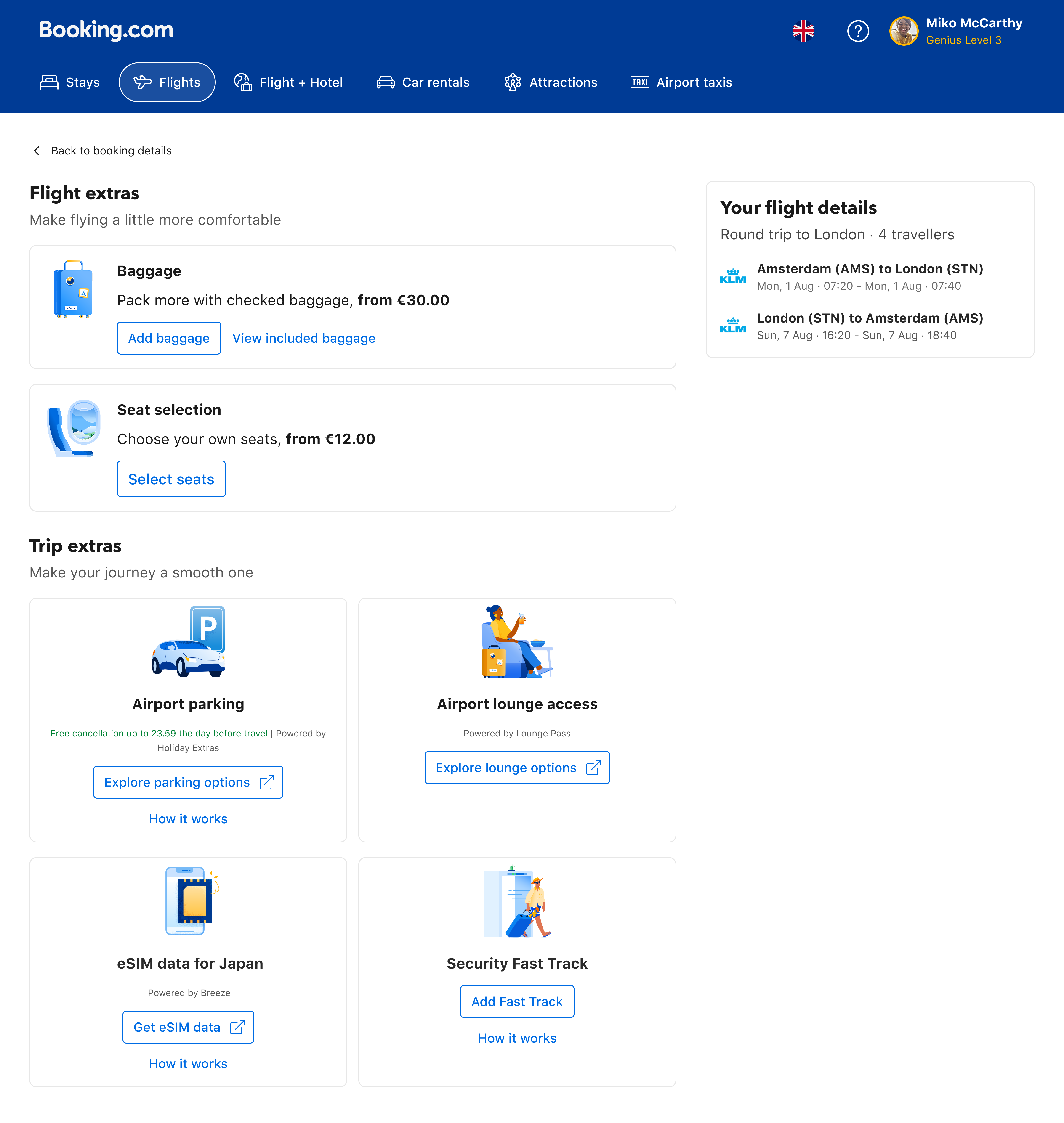 The Booking.com Flights post-confirmation 'Flight extras' page as it stands today: a thank-you-style surface dominated by extras tiles — Baggage (from €30), Seat selection (from €12) under a 'Flight extras' header, followed by a Trip extras grid (Airport parking, Airport lounge access, eSIM data for Japan, Security Fast Track). Top-right sidebar holds the booked KLM round-trip itinerary (Amsterdam–London round trip, 4 travellers). The whole page is a static catalogue of ancillaries, no personalisation, no contextual narrative — the surface the case study sets out to redesign.