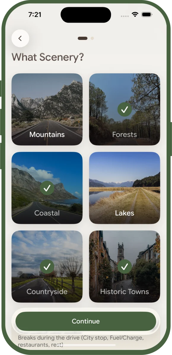 Scenra preferences screen titled What Scenery? with a grid of selectable scenery cards: Mountains, Forests, Coastal, Lakes, Countryside, Historic Towns, and a Continue button.