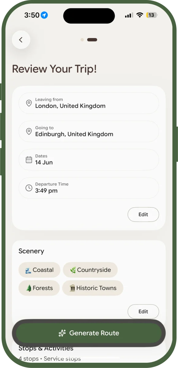 Scenra review screen titled Review Your Trip with editable summary rows for departure, destination, dates, and departure time, a scenery section, and a Generate Route button.