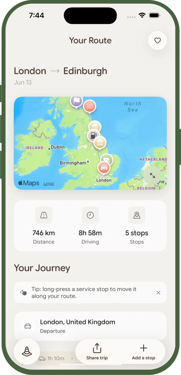 Scenra generated route screen titled Your Route, London to Edinburgh, with a map showing the full route and stop pins, plus total distance, drive time, and stop count.