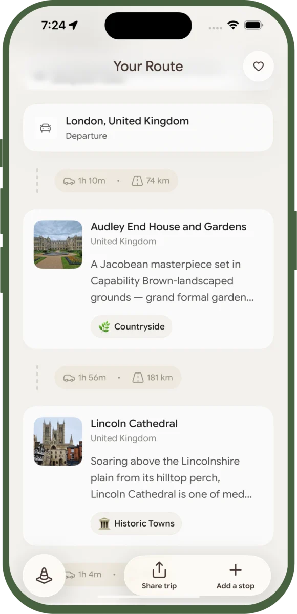 Scenra route detail screen: a scrollable list of scenic and service stops including Audley End House and Gardens and Lincoln Cathedral, with per-leg drive times and scenery tags between cards.